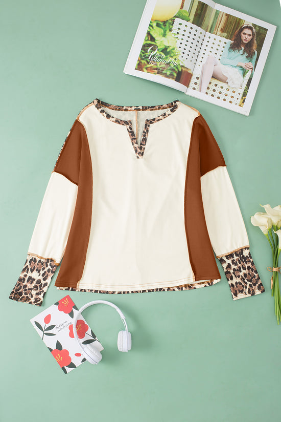 White Leopard Color Block Patchwork Long Sleeve Split Neck Top