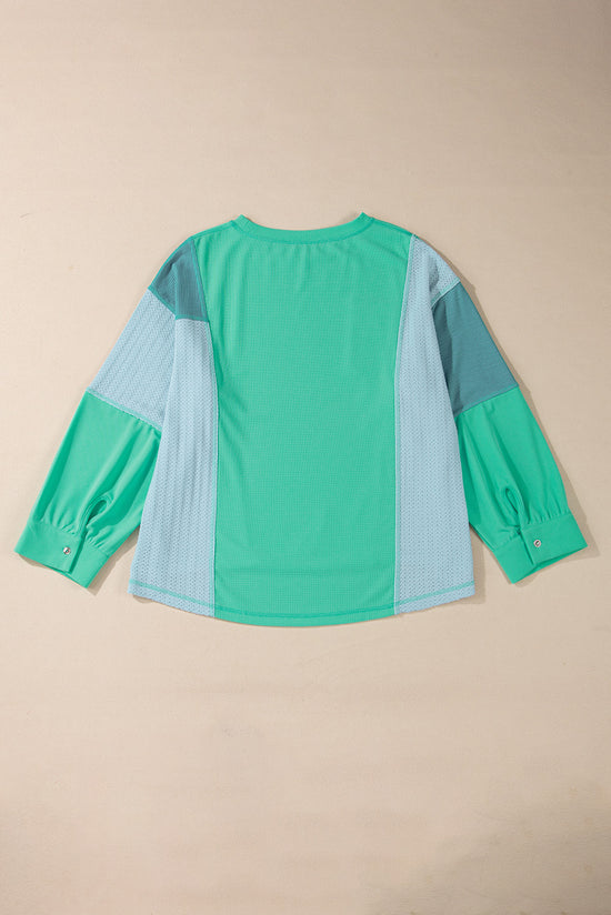 Green Colorblock Stitching Patchwork Button-Up Long Sleeve Top