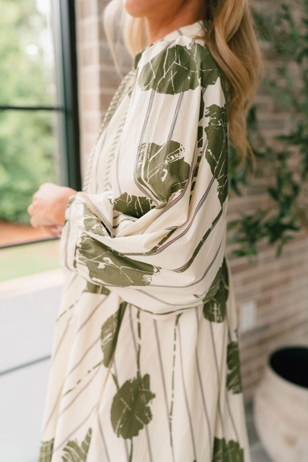 Guacamole Green Striped Floral Print Contrast Piping Puff Sleeve Dress