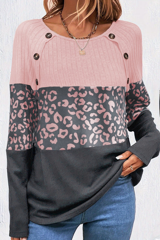 Pink Cheetah Textured Patchwork Button-Up Crew Neck T-Shirt