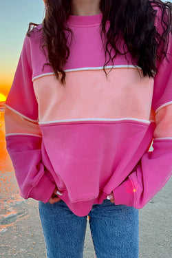 Pink Sachet Color Block Patchwork Sweatshirt with Dropped Shoulders and Ribbed Trim