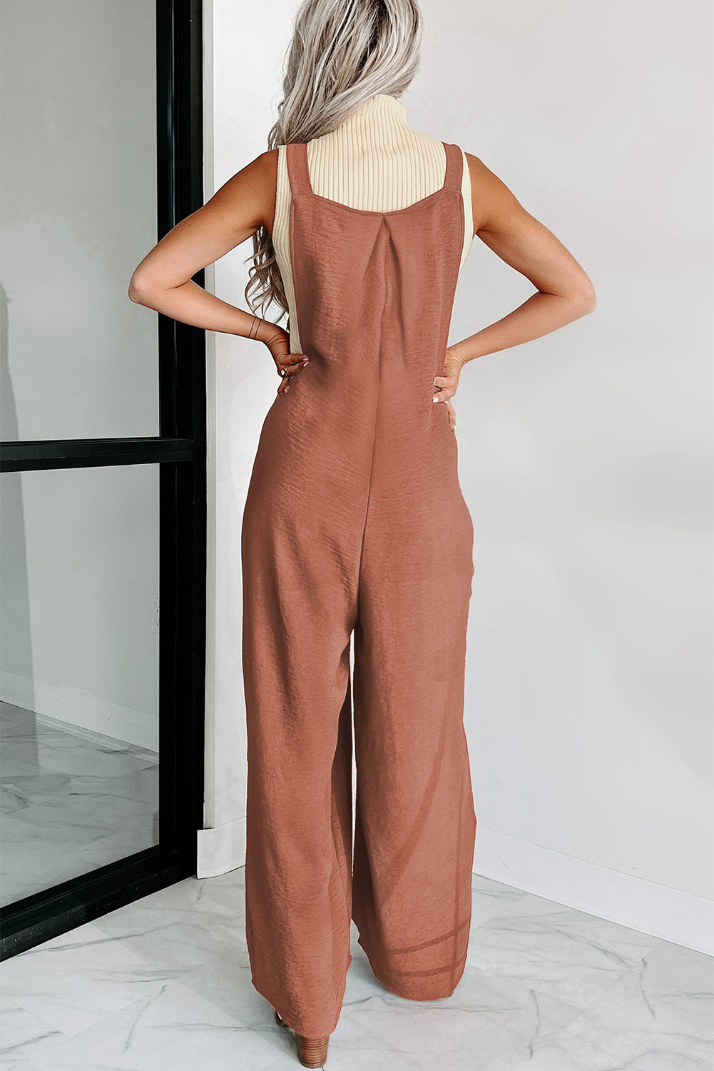 Gold Flame Textured Buttoned Strap Wide Leg Ruched Jumpsuit