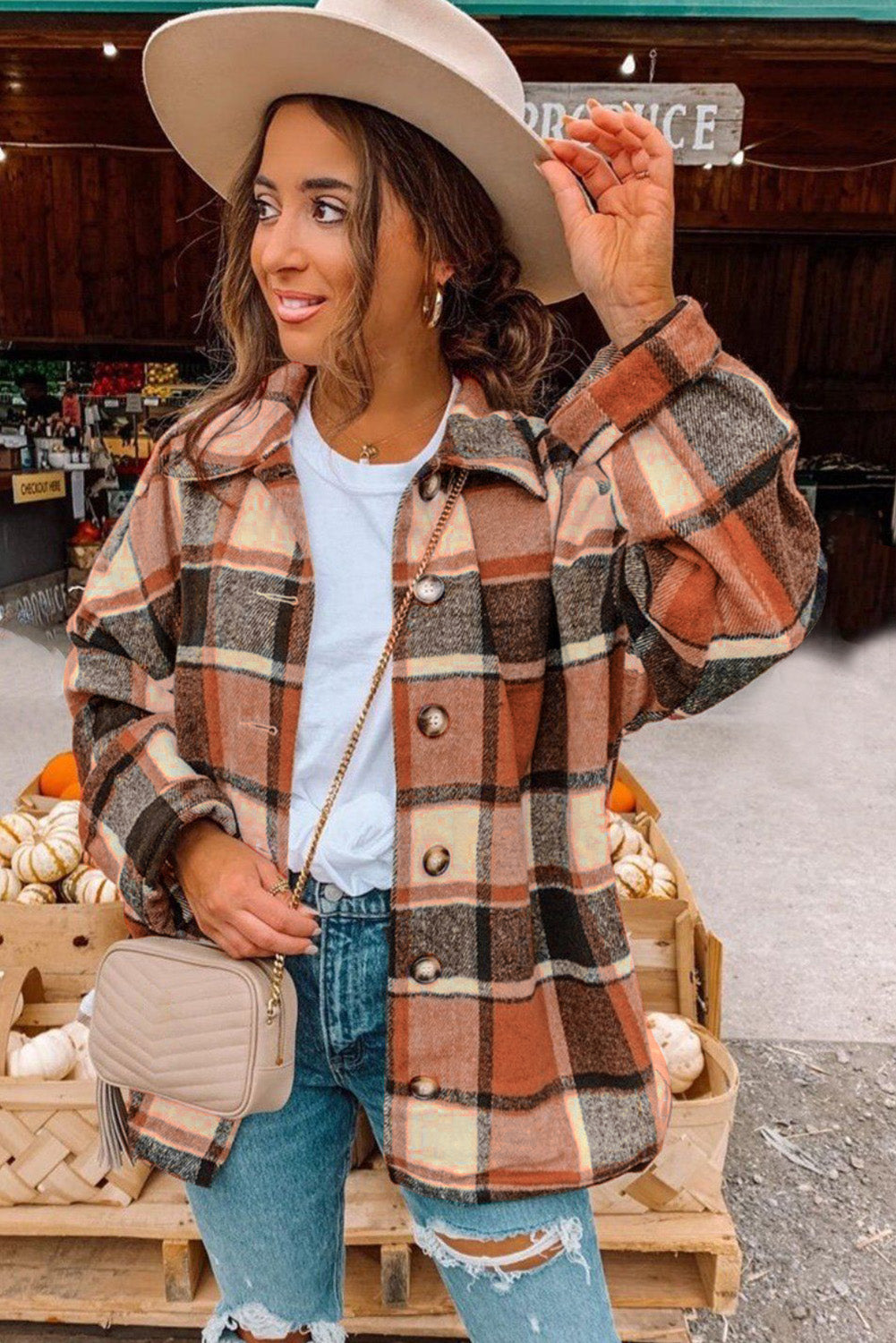 Orange Plaid Button Down Shirt Jacket