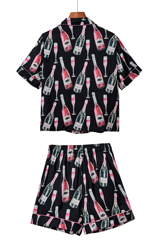 Single pajamas with short sleeves and black champagne print