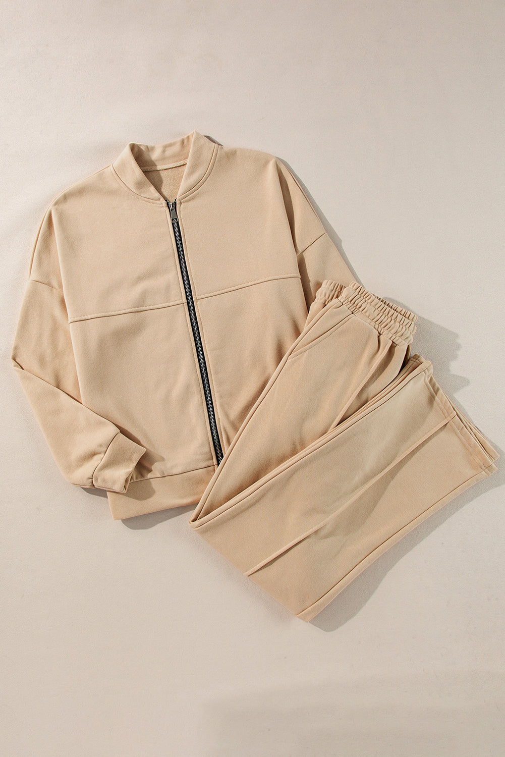 Apricot Plain Stitch Zip-Up Jacket and Drawstring Waist Pants Set