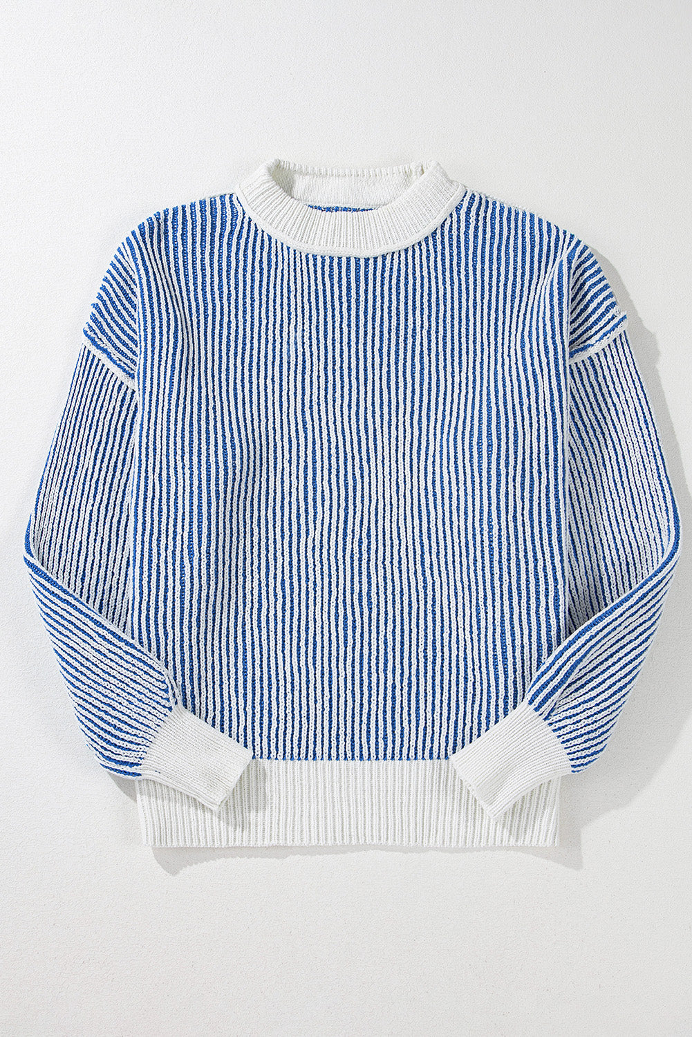 Dark blue striped textured knit loose sweater with contrasting edges