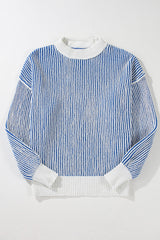 Pull ample à bords contrastés en tricot texturé à rayures bleu foncé