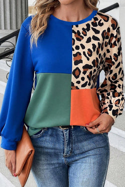 Dark Blue Leopard Print Color Block Long Sleeve Top