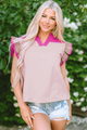 V -neck pink blouse and fluffed sleeves *