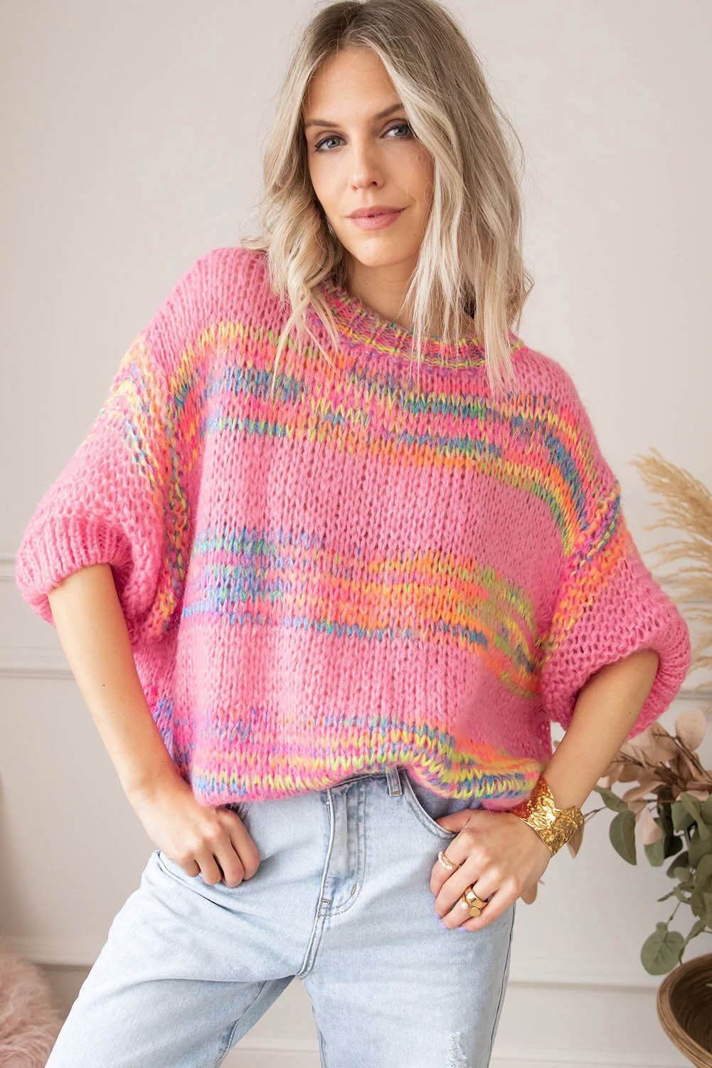 Rose Bunte Streifen 3/4 Ärmel loser Pullover