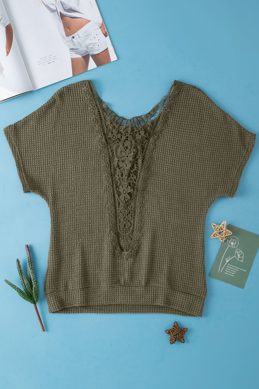 Moss Green Guipure Lace Patch strukturiertes T-Shirt