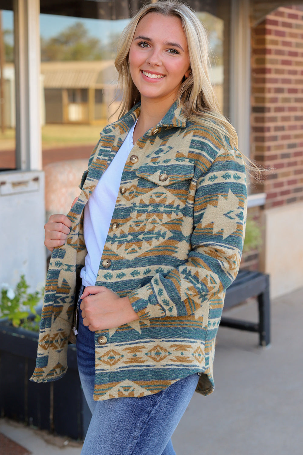 Blue Western Aztec Print Button Bouton Pocket Shacket