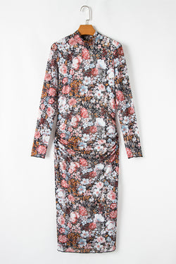 Mid-length dress with floral print and tight amount with long sleeve brown