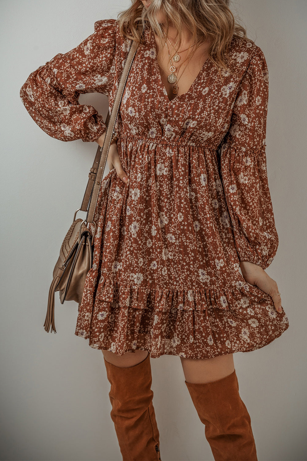 Brown V-Neck Ruffle Puff Sleeve Floral Boho Mini Dress