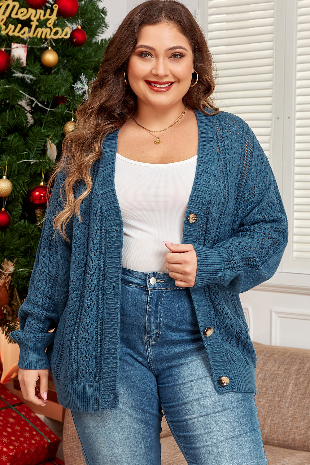 Cardigan en tricot ouvert avec col en V et boutons sur le devant, épaules tombantes, grande taille, bleu sarcelle