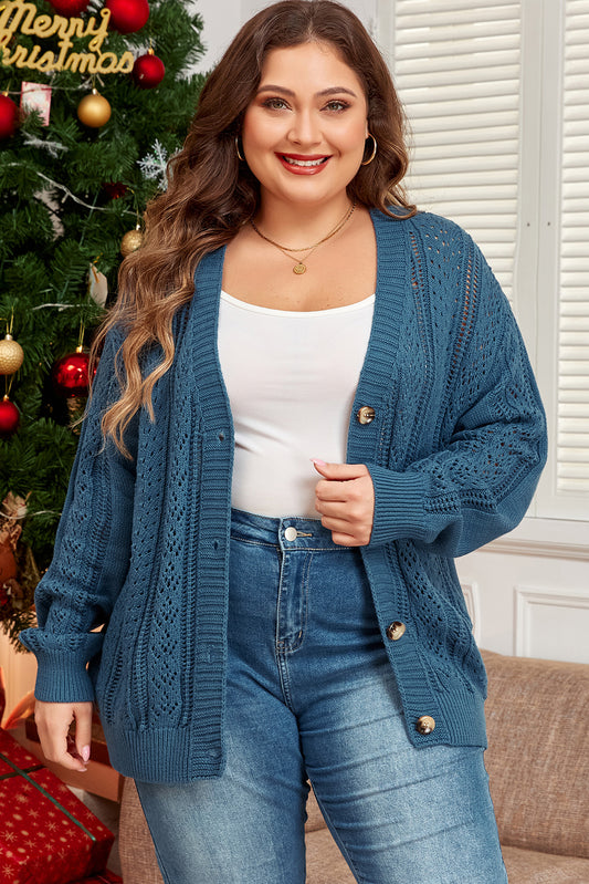 Open Knit Cardigan with V-Neck and Button Front, Dropped Shoulders, Plus Size, Teal