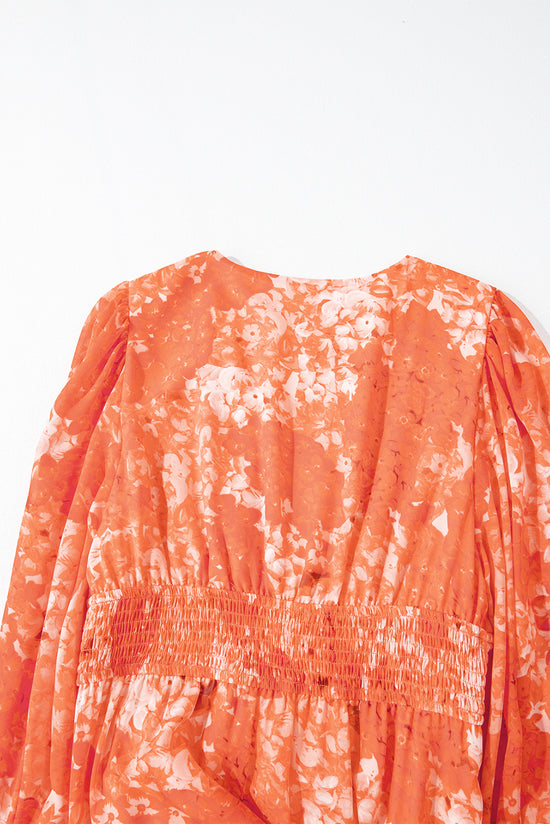 Orange Tiered V-Neck Bishop Sleeve Floral Boho Maxi Dress