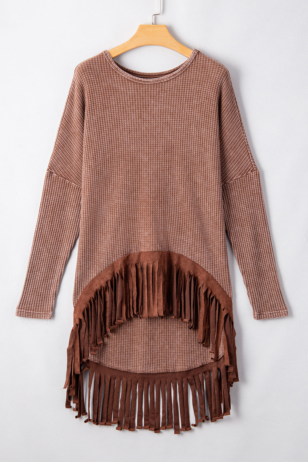 Coffee Waffle Knit Fringed High Low Loose Top