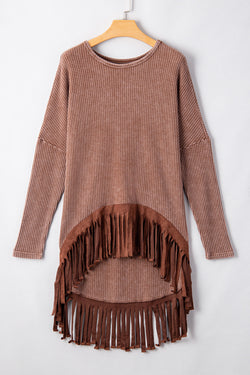 Coffee Waffle Knit Fringed Loose High Low Top