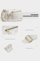 Sac d’épaule blanc à damier en toile, forme croissant et pochette amovible
