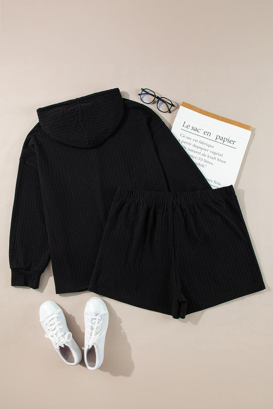 Ensemble Deux Pièces Noir Texturé à Capuche et Short Grande Taille