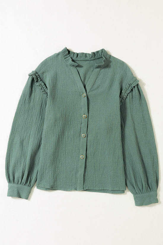 Green crumpled shirt with split collar and ruffles