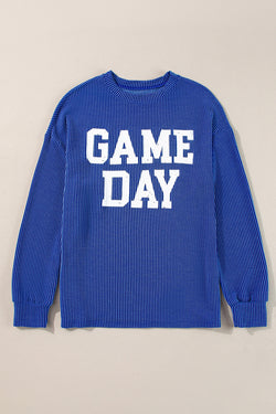 GAME DAY Print Long Sleeve Crew Neck Top in Blue Cord