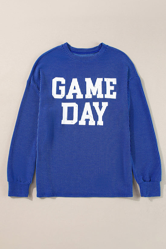 GAME DAY Print Long Sleeve Crew Neck Top in Blue Cord