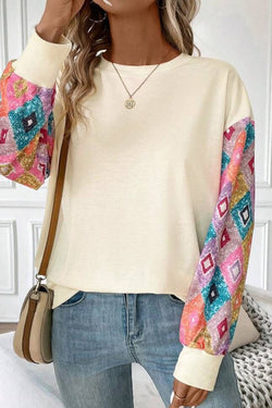 Apricot geometric print long sleeve crew neck top