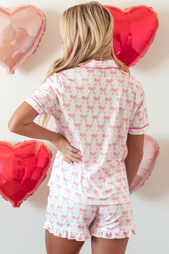 Pink pajama set printed bow tie with short sleeves and ruffle shorts for Valentine's Day