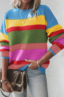 Light blue sweater with drooping shoulders and mixed textures color block