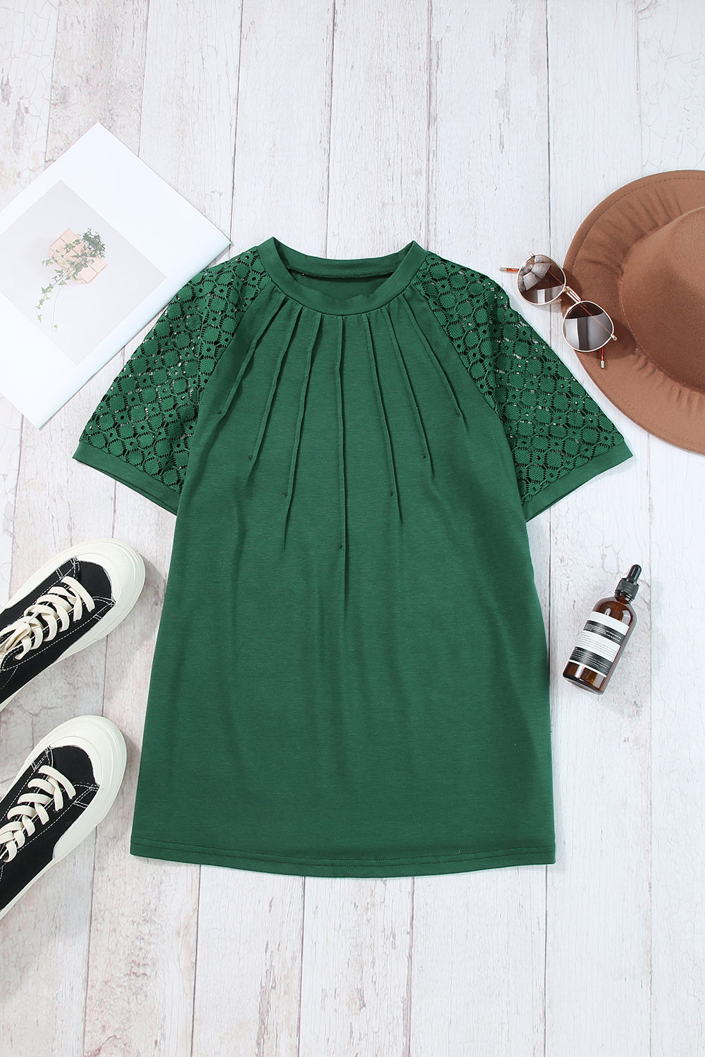 T-shirt à manches raglan en dentelle contrastée avec coutures vert noirâtre