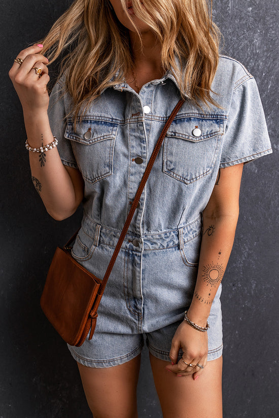 Combi-short en denim à poches et boutons délavés vintage bleu clair