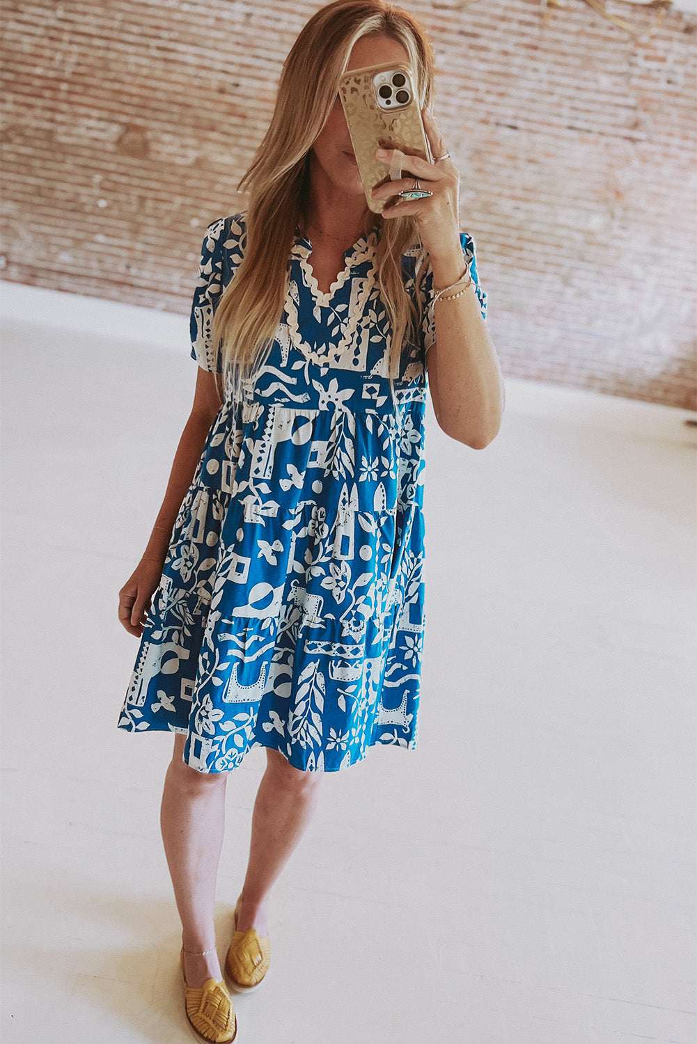 Blue floral loose dress with split collar and Ricrac border