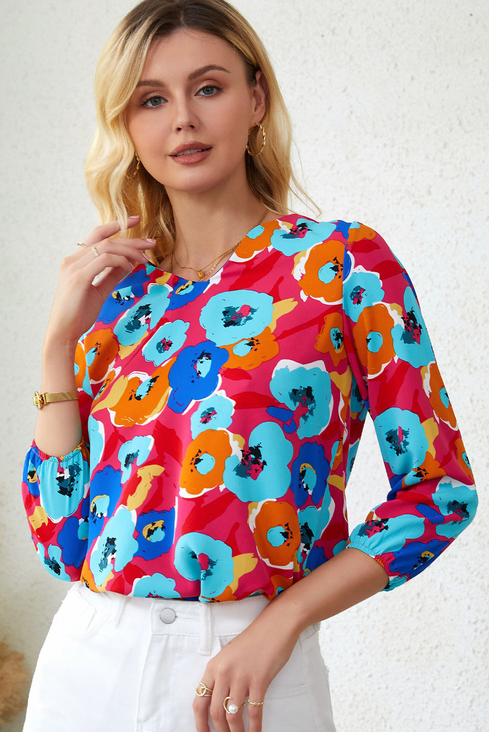 Rose Multicolor Floral Print V Neck 3/4 manga blusa