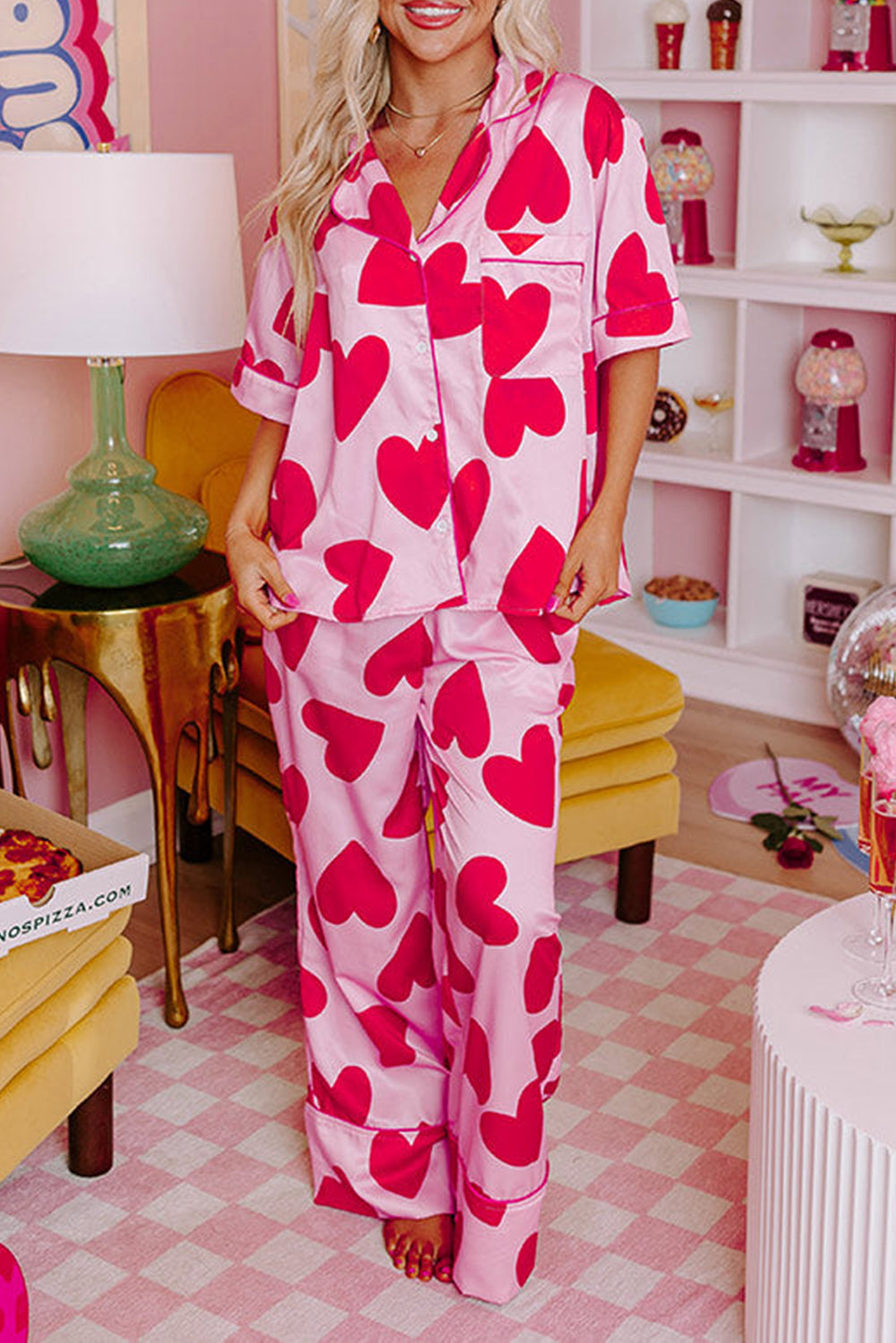 Ensemble pyjama pantalon à manches courtes rose coeur classique Saint-Valentin