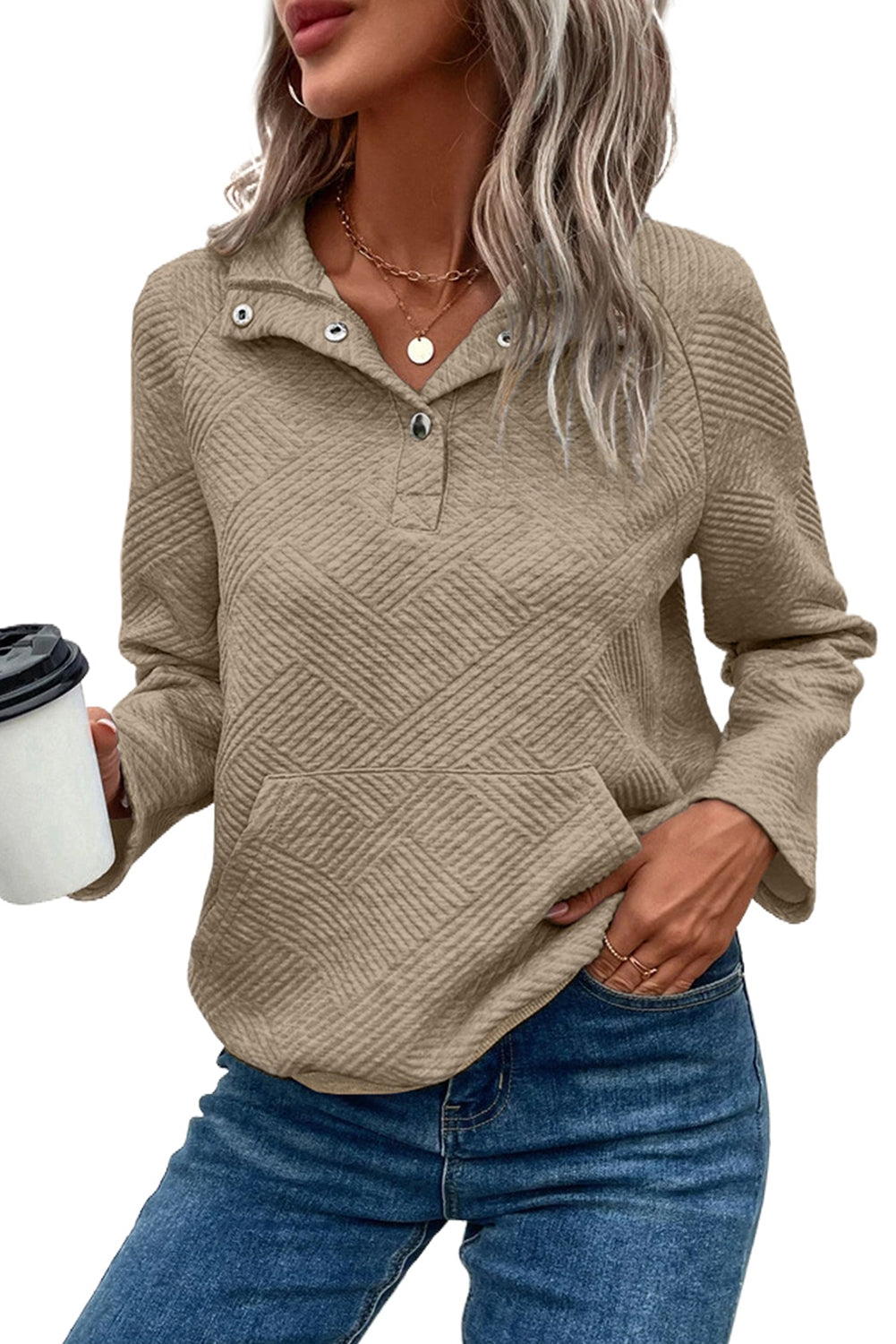 Pale Khaki Textured Knit Button-Down Sweatshirt with Kangaroo Pocket