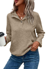 Pale Khaki Textured Knit Button-Down Sweatshirt with Kangaroo Pocket