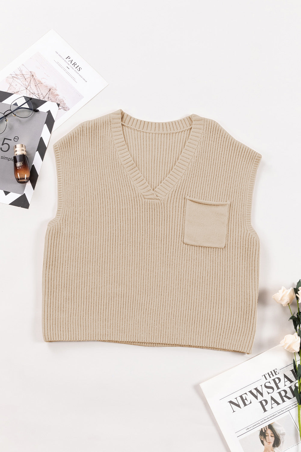 Apricot Chest Pocket V Neck Ribbed Cap Sleeve Sweater