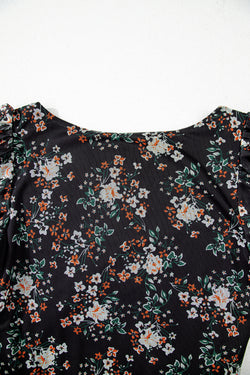 Body noir à imprimé floral, col en U, manches courtes bouffantes