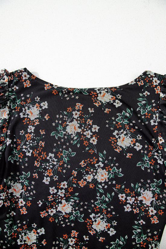 Body noir à imprimé floral, col en U, manches courtes bouffantes-A WOMAN WE LOVE