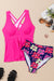 Ensemble tankini floral rose à col en V et ourlet à volants