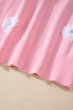 High knitted with short sleeves with pink flowers pattern