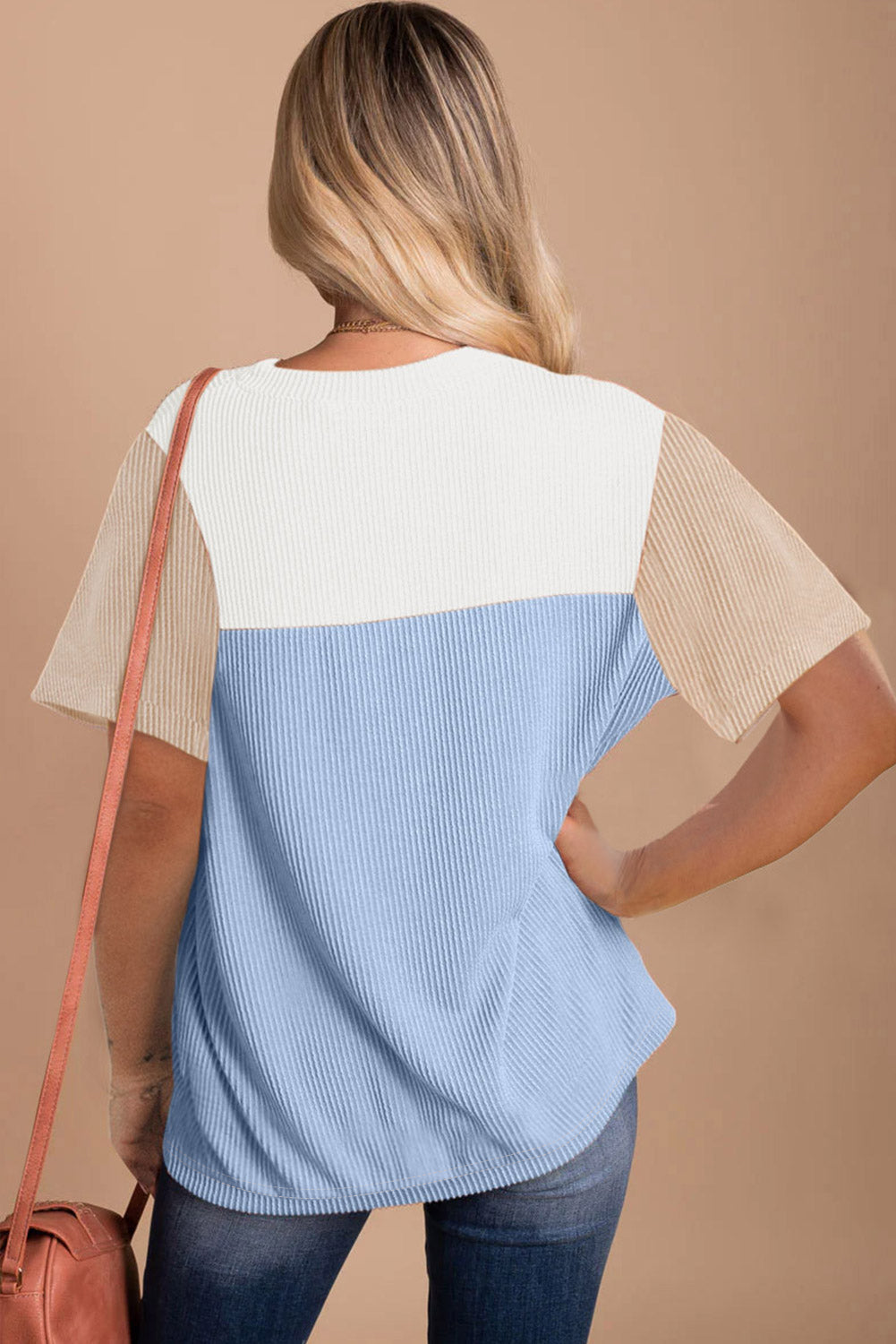 Light Blue Rib Textured Colorblock T Shirt