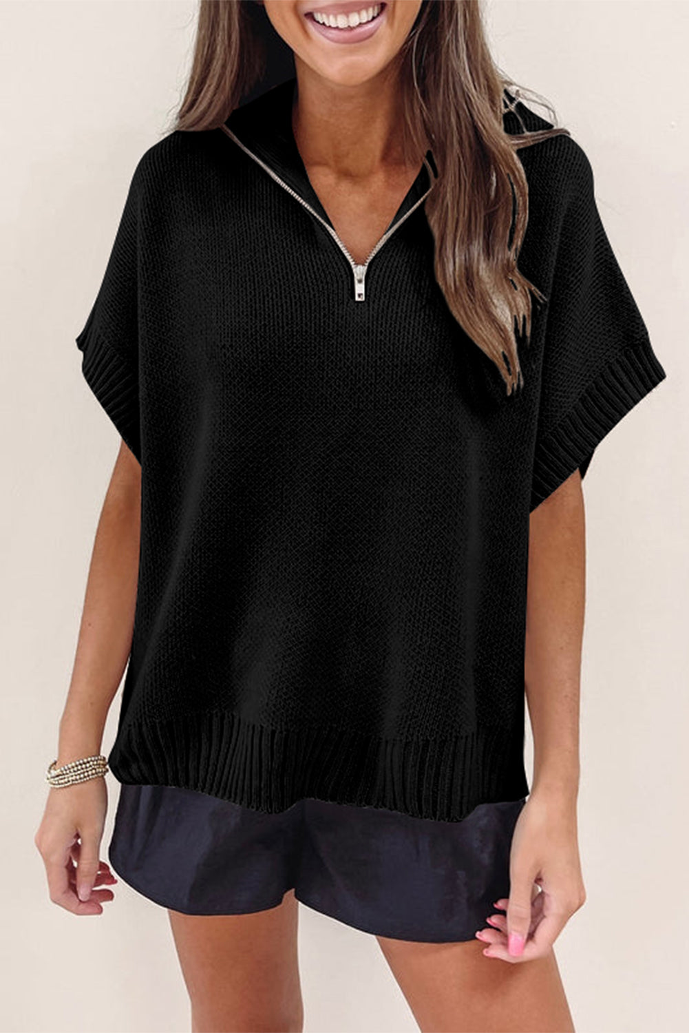 Black Quarter Zip Short Batwing Sweve Sweater