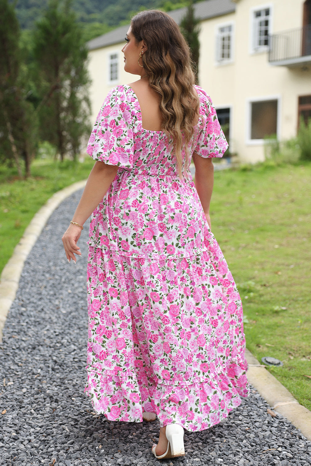 Pink Plus Size Blumendruck Smocked Puffärmel Kleid