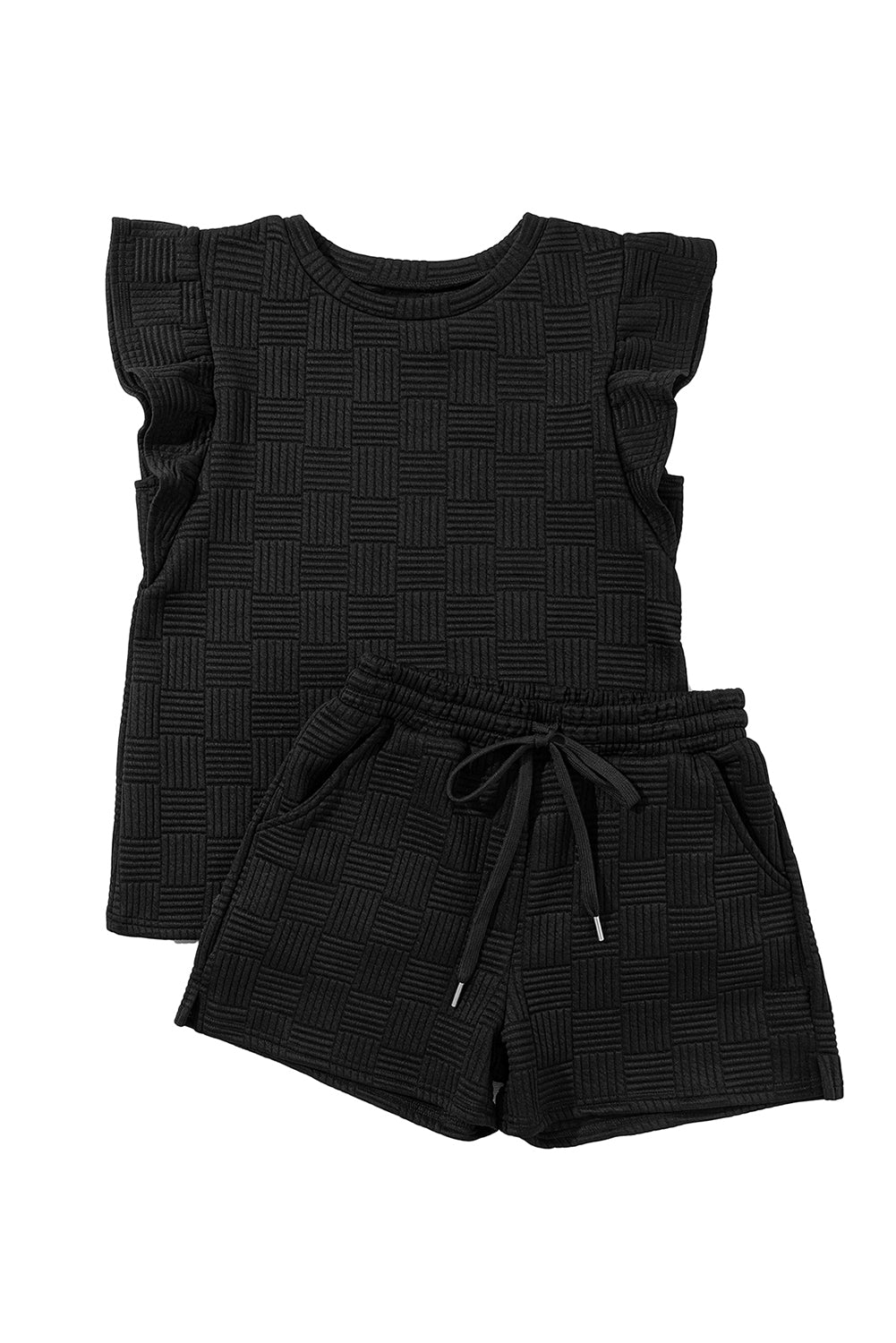 Black Textured Ruffled Sleeve Tee and Drawstring Shorts Set