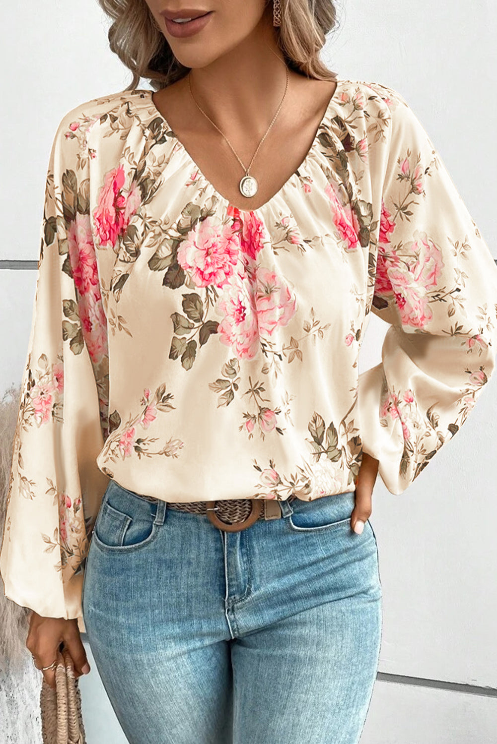 Blouse à col de lanterne à imprimé floral beige