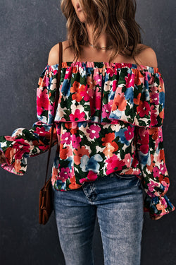 Flying blouse and bare shoulders with floral print