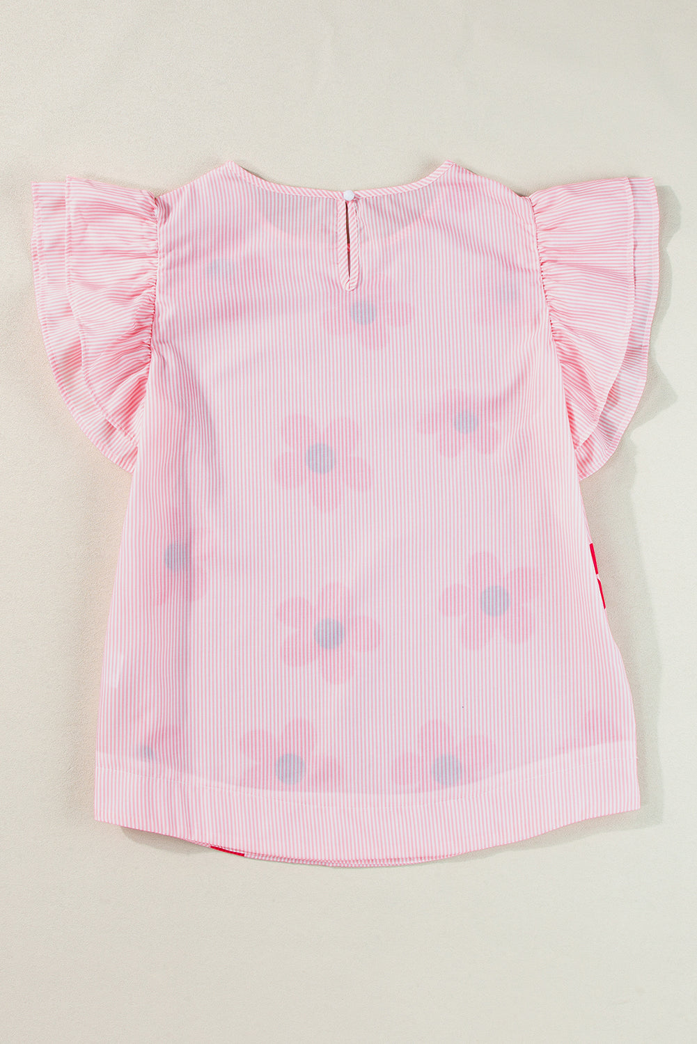 Blouse rose à fines rayures et imprimé floral à volants et manches flottantes